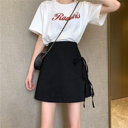 2022 Students New Korean Style High Waist Slimming Side Bow Lace-up All-match Student A- shape Skirt Women