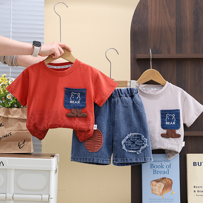 Boys' All-match Denim Shorts Summer New suit Children's Wear Children's Casual Short-sleeved T-shirt Round-neck Shirt Two-piece Set