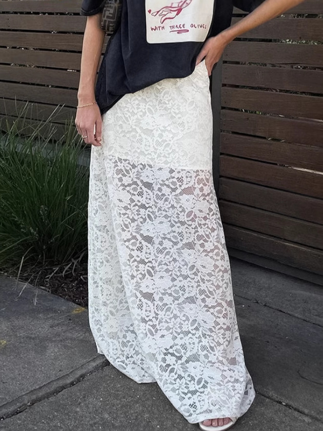 2025 Spring French Style Elegant White Lace Skirt Women's Fashion A- line High Waist Long Skirt Foreign Trade Fart Curtain Women's Clothing