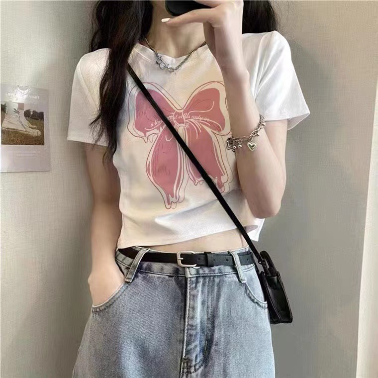 3969# Short White Printed Texture Short Sleeve T-Shirt Women's 2023 Summer New Fashion Brand Slim Fit Top ins