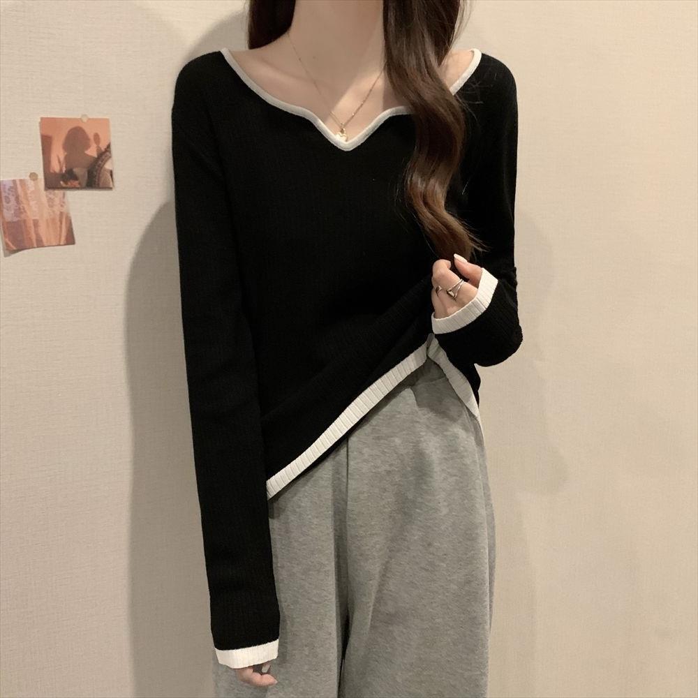 Picture of Large Size Sweater Women's 2022 New Autumn Design Contrasting Color Square Collar Clavicle Base Shirt Slim Shirt