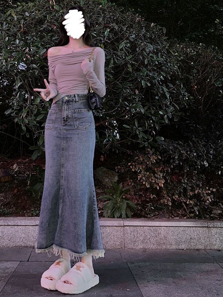 Vintage denim skirt women's spring and summer new high-waisted small slimming versatile raw edge midi mermaid skirt