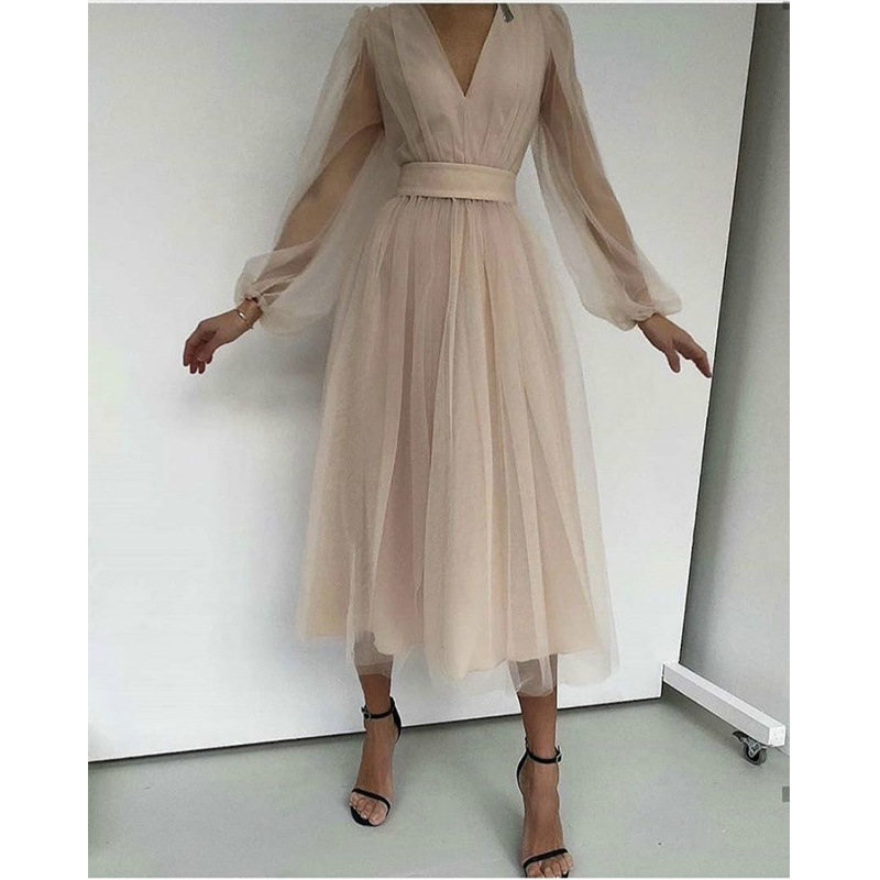 Deep V-neck mesh fairy dress French deep V mesh bubble long sleeve waist dress