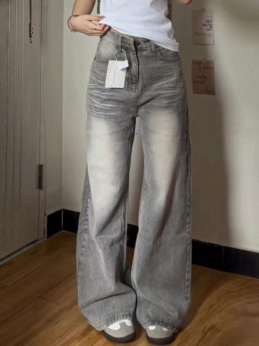Grey American Style Retro Wide Leg Jeans Women's 2024 Spring and Autumn New Corrugated Dipped Loose Straight Pants