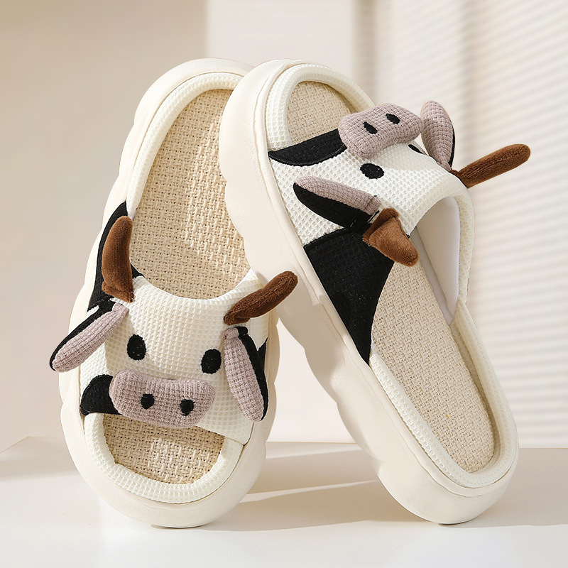 Cross-border Wholesale Cute Cow Linen Slippers Feeling Anti-slip Deodorant Wear Thick Bottom Sandals for Indoor Home Use