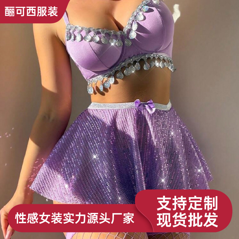 Cross-border foreign trade hot sexy pajamas short corsets shiny beads skirt with net stockings underwear suit three-piece set