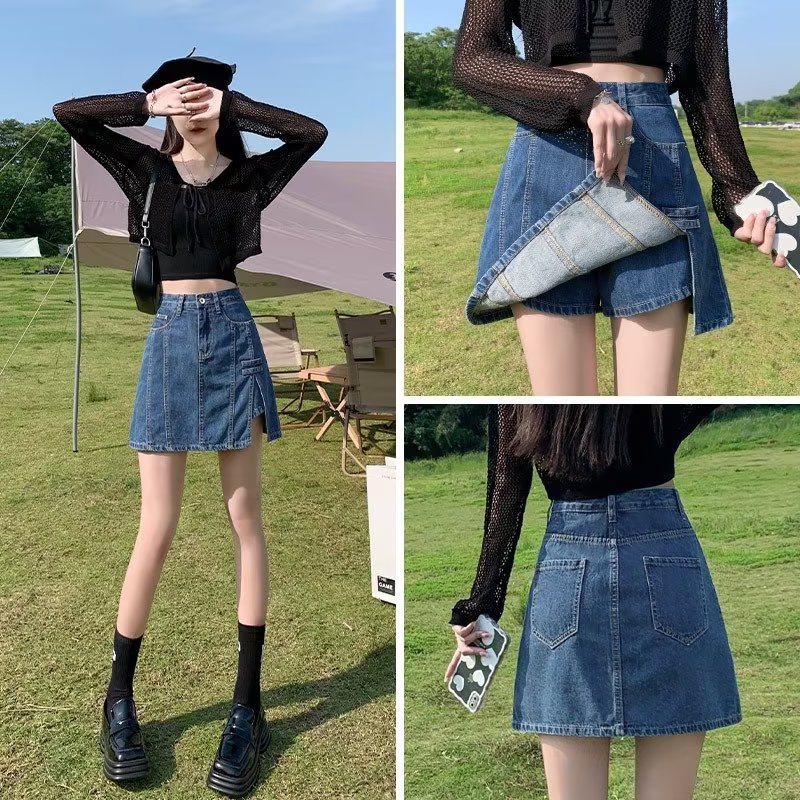 High Waist Split Denim Skirt Girls Summer 2024 New Design Sense Anti-running A- line Hip Skirt