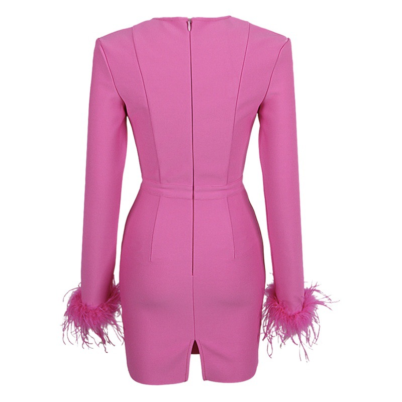 2022 Winter Foreign Trade Independent Station Hot Selling Hovnig Square Collar Split Long Sleeve Ostrich Feather Bandage dress