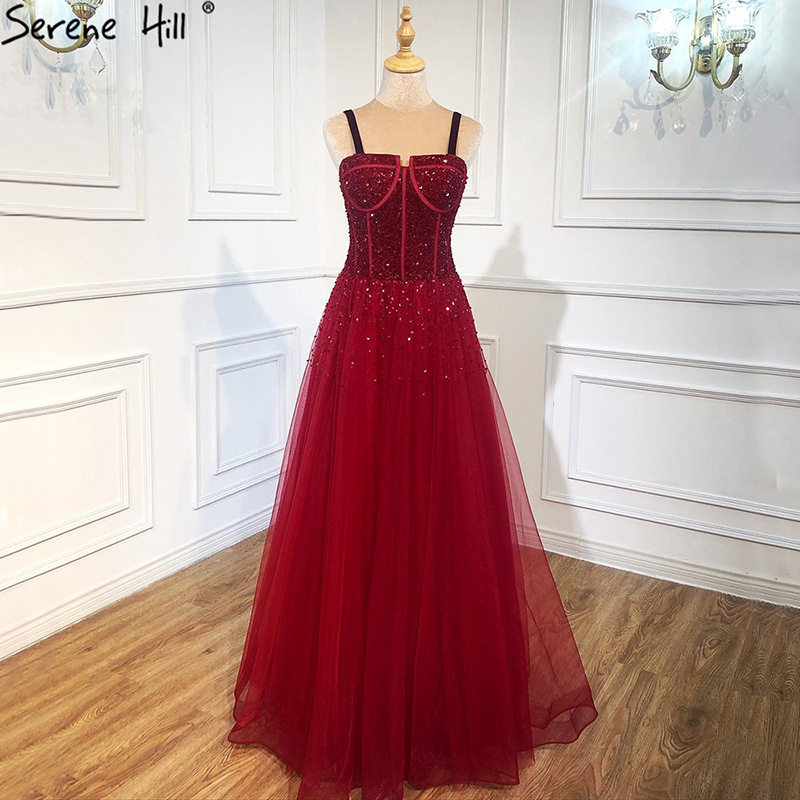 Picture of Autumn and Winter Wine Red Sling Dream Nail Bead Heavy Industry Annual Meeting Host Dress Bride Engagement Toast Dress LA70600