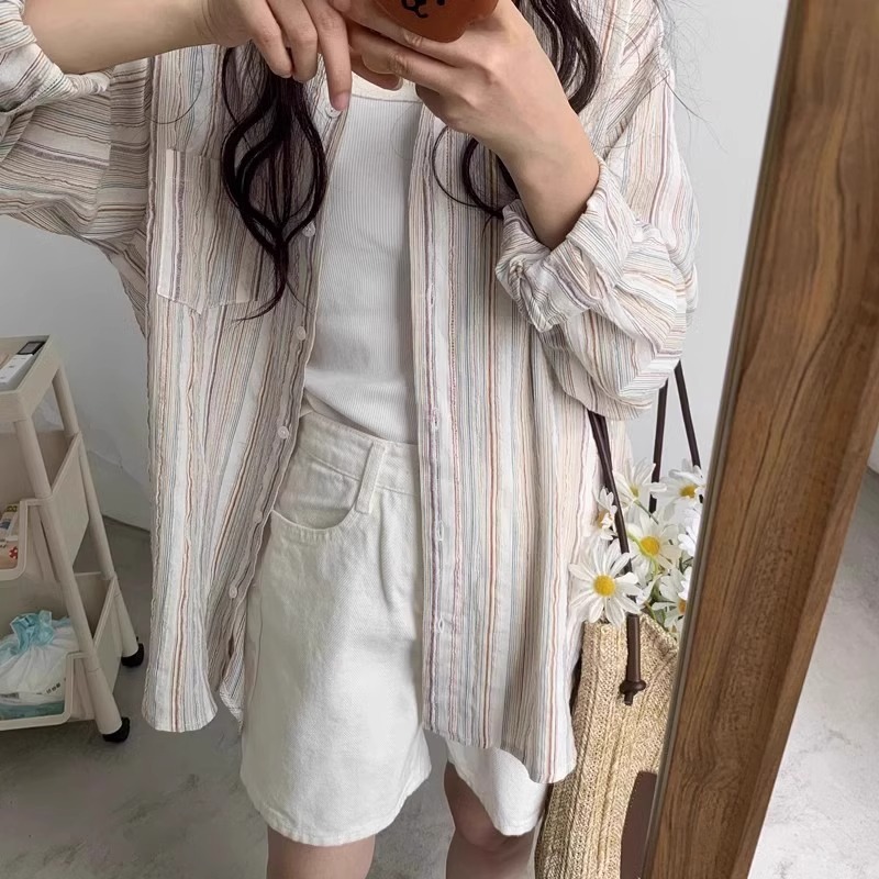 Picture of Striped Long-sleeved Sunscreen Cotton and Linen Shirt Jacket 2024 Summer New Style Thin Lazy Style Shirt Women's Top