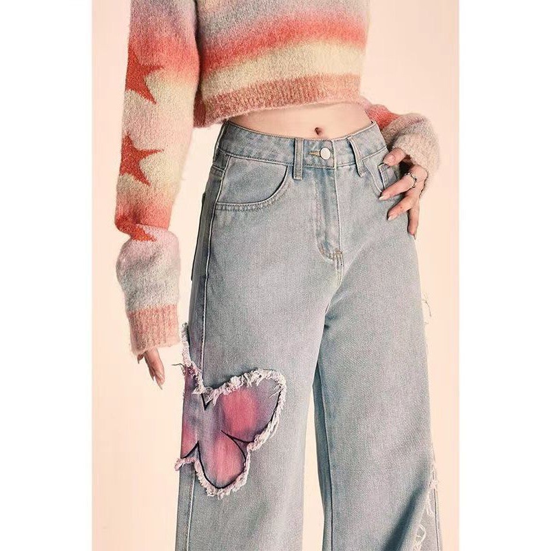 Picture of American Style Retro Butterfly Embroidery Design Sense Rouge 2024 Hong Kong Style Jeans Women's Sweet Cool Narrow Wide Leg Straight Leg Pants