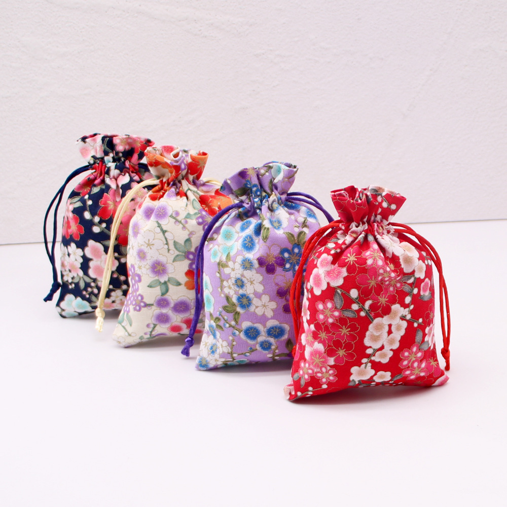 Manufacturer in stock ins cherry blossom cotton gift bag candy drawstring drawstring bag gift packaging bag gilding storage bag