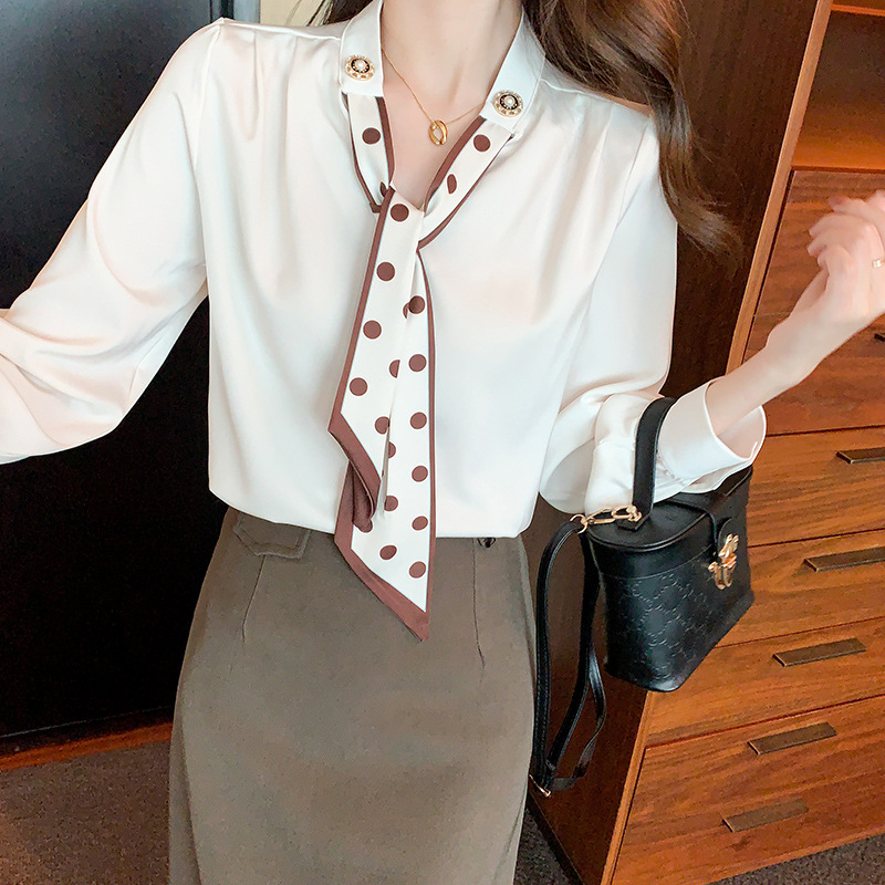 Picture of Light Mature Style Ribbon Shirt 2025 Autum New Korean Style Versatile Splicing Lace-Up Bow Long-Sleeved Shirt for Women