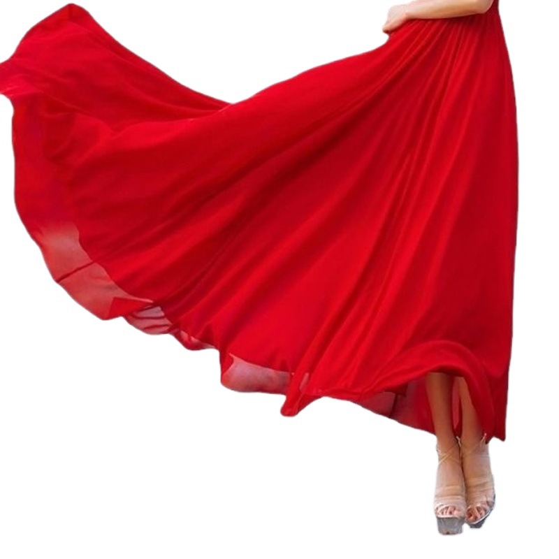 Red Dance Skirt with Large Hem, Three-Layer Chiffon Skirt for Women, Spring and Summer A-Line Skirt, Performance Long Skirt, Beach Fairy