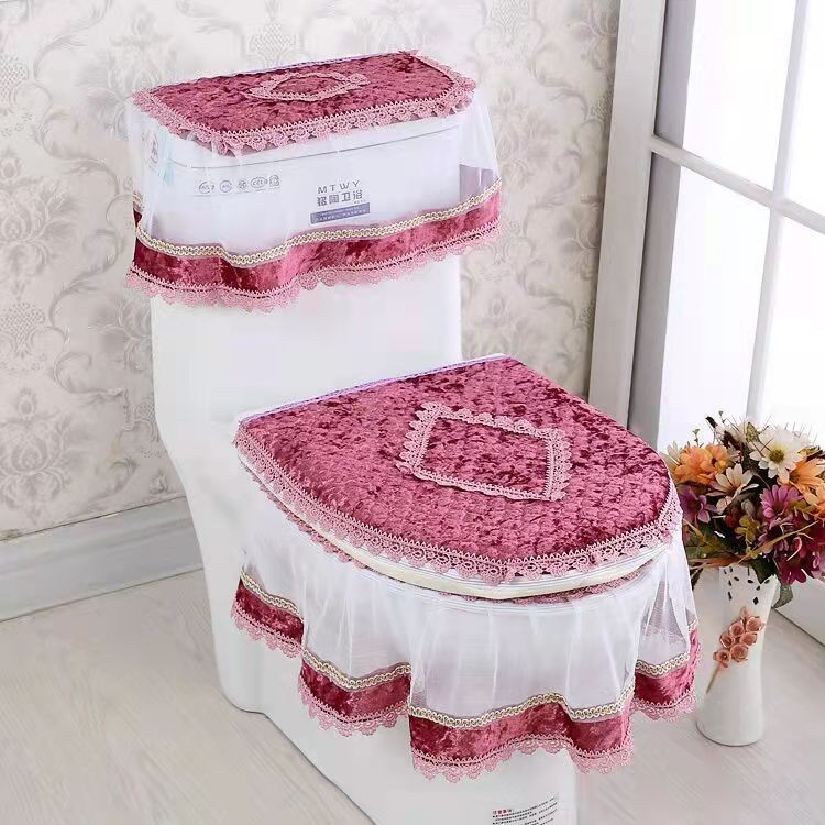 New Korean style fabric gold velvet lace toilet cover toilet three-piece toilet mat dust cover factory wholesale
