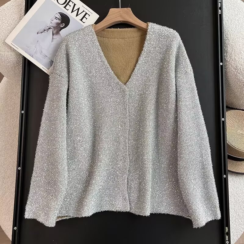 CS Cross-border Women's Clothing Wholesale European and American Style New V-neck Loose Casual silver Knitted Cardigan Women's Sweater Jacket