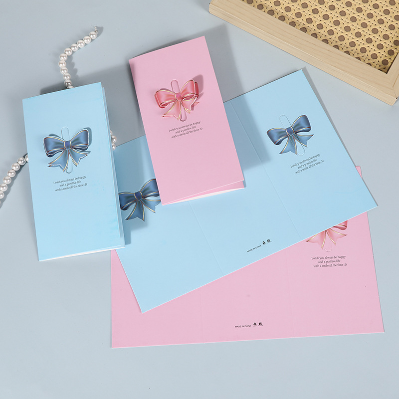 in stock three-dimensional pink blue bow greeting card creative holiday folding small card flower shop blessing message card