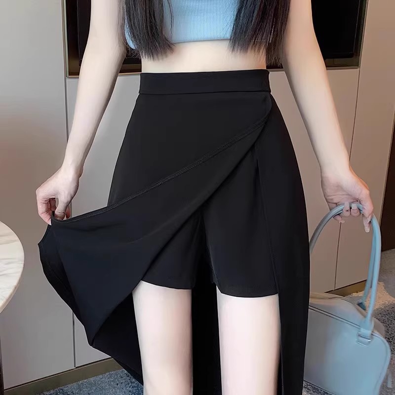 Black Irregular Bust Pants Skirt Women's Spring and Summer Small Mid-length Anti-light A- shaped Split Slim Hip Skirt