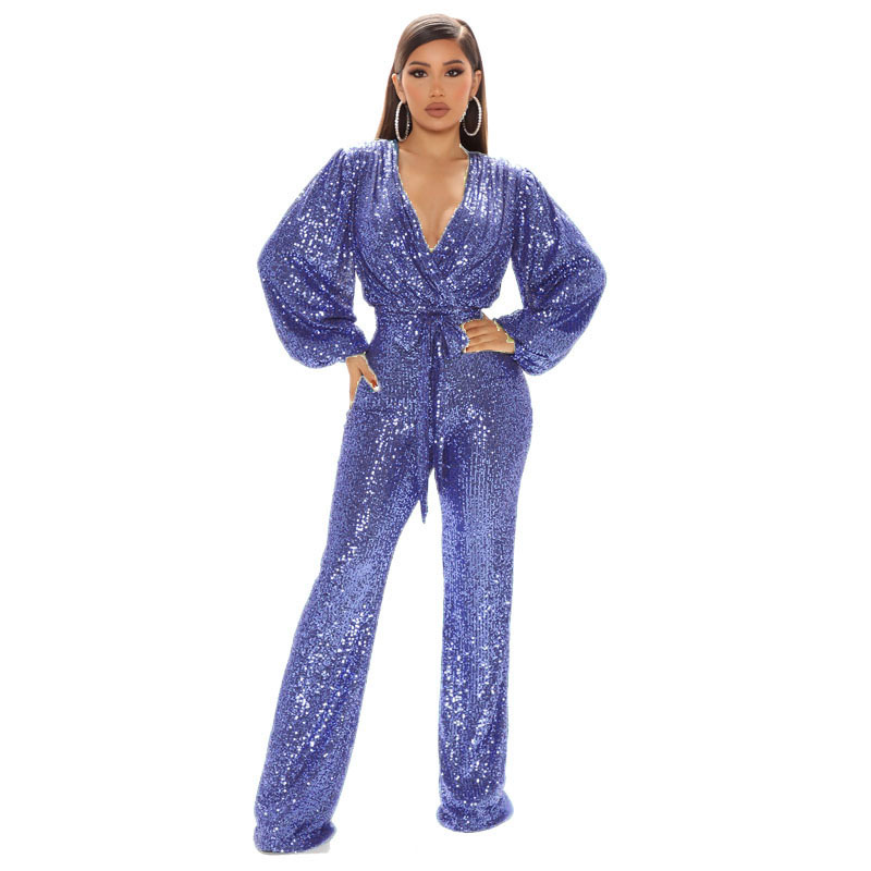 Picture of Amazon Explosions Autumn European and American High-end Women's Sequins Deep V-Neck Long Sleeve Pants Foreign Trade Pants