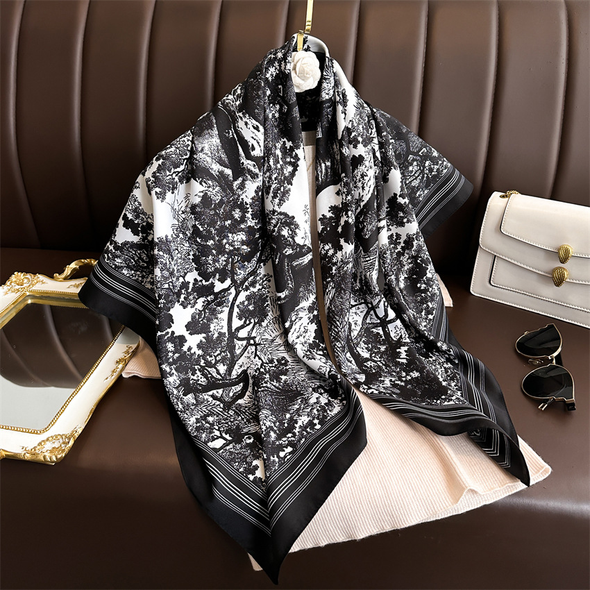 European and American New Fantasy Jungle Scarf 90cm Twill Scarf Cheetah Vegetation Large Square Scarf Sunscreen Shawl Headscarf Women