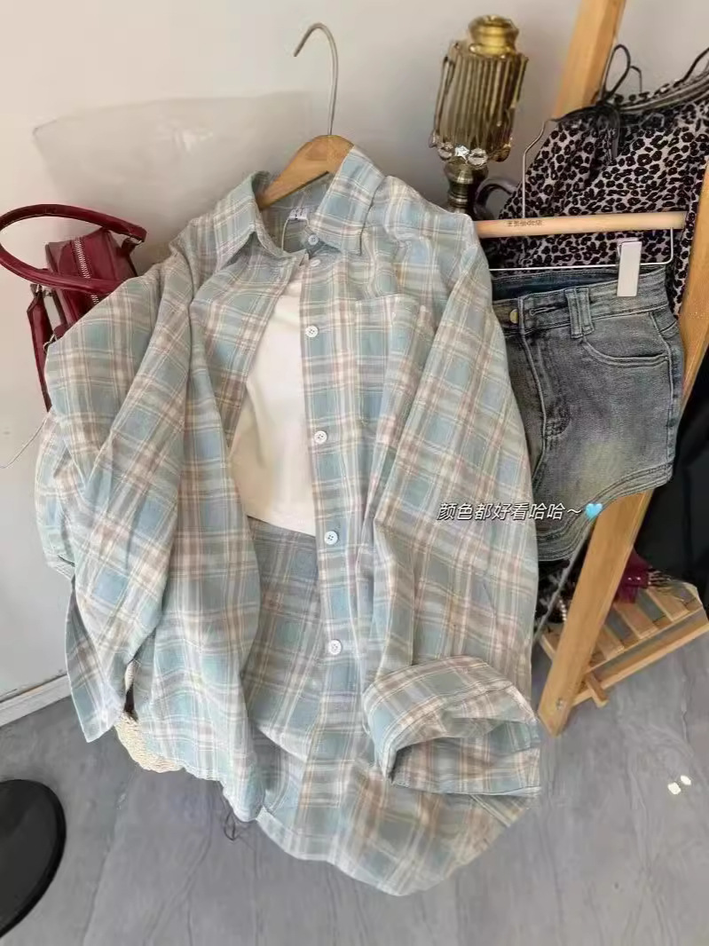 Mori Green Plaid Shirt Women's Early Autumn Lazy Style Casual Mid-length Sunscreen Outer Wear Shirt Long-sleeved Top