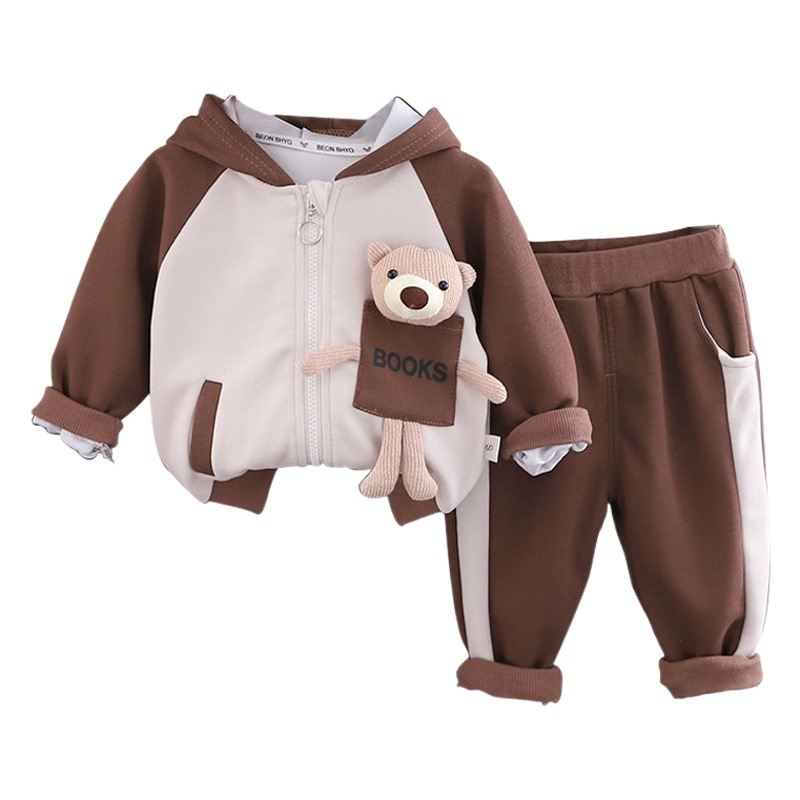 Spring and Autumn New Children's Baby Handsome Color-matching Bear Jacket Three-piece Set Boy's Autumn Long-sleeved Three-piece Set