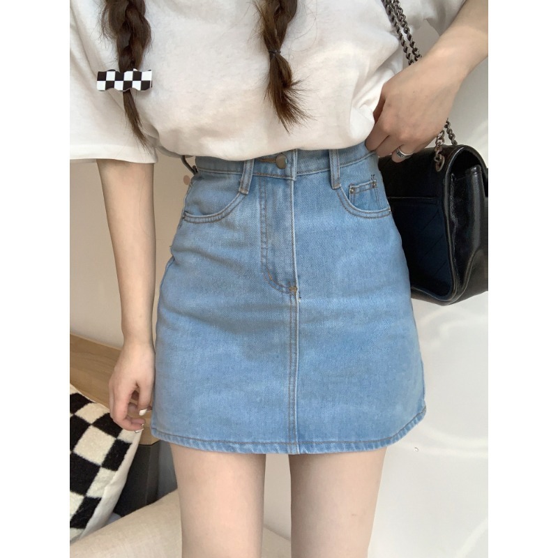 Black denim short skirt female high-waisted summer new plus-size fat mm belly covering slim pear-shaped figure A-line skirt
