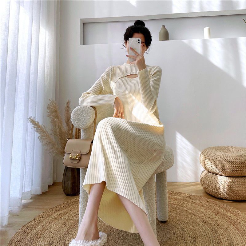French style inner wear dress women's autumn and winter 2023 new style with overcoat mid-length over-the-knee hollow design bottoming dress