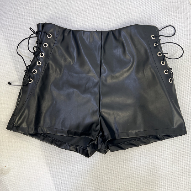 Cross-Border New 2023 autumn and winter Amazon Black high waist stretch shorts women's tight casual pants imitation leather pants wholesale