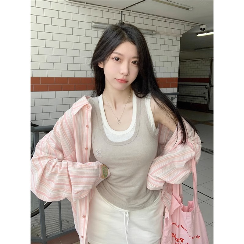 2024 Summer blue striped long sleeve sun protection shirt coat women's summer loose casual shirt slimming top