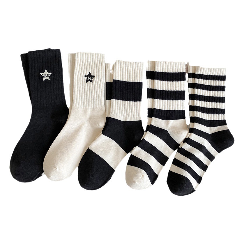 Striped Socks Children's Mid-length Socks ins Wind Letter Black and White Trendy Socks Four Seasons Sports Cotton Socks New Zhuji Socks
