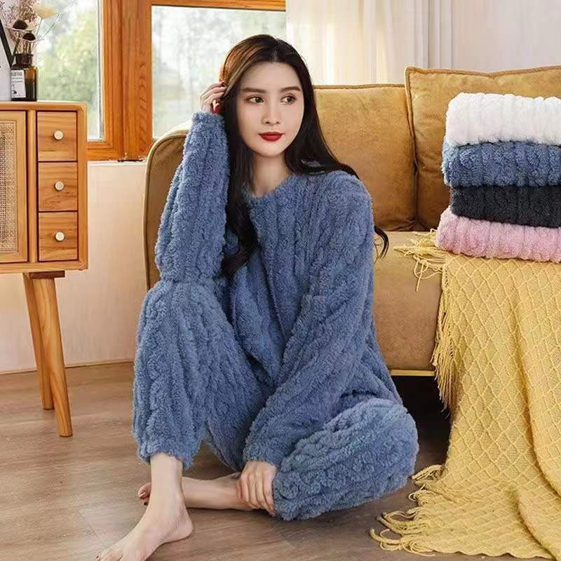 Autumn and Winter New Coral Fleece Jacquard Cute Fashion Long Pajamas Long Sleeve Trousers suit Women's Home Clothes