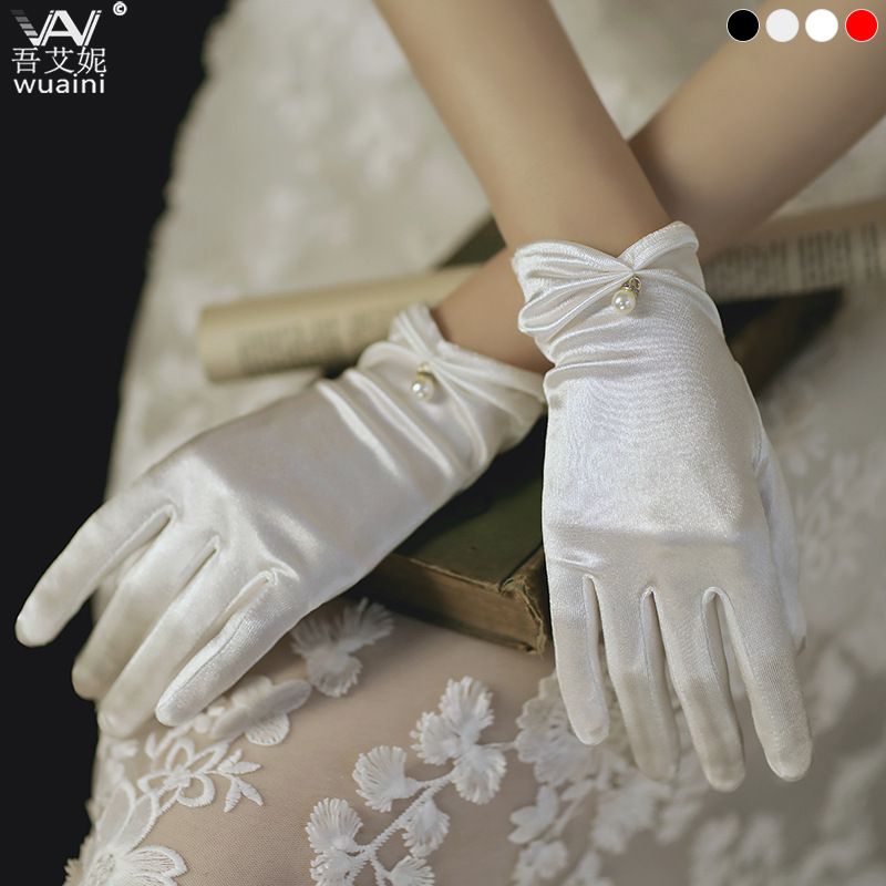 Bridal Gloves Wedding Satin Short Elegant Black Retro White Red Wedding Xiuhe Wedding Satin Gloves