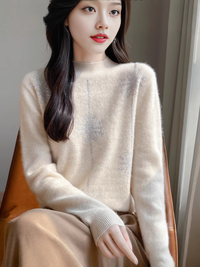 Non-Wool Sweater Women's Hot Rhinestone Knitted Sweater Autumn and Winter Heavy Diamond-encrusted Christmas Base Shirt Women's Half Turtleneck Sweater