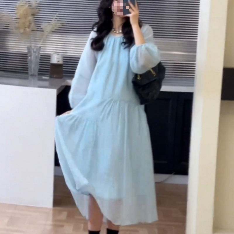Lazy Style Glacier Blue Lantern Sleeve dress Women's Autumn Loose Irregular Long Dress