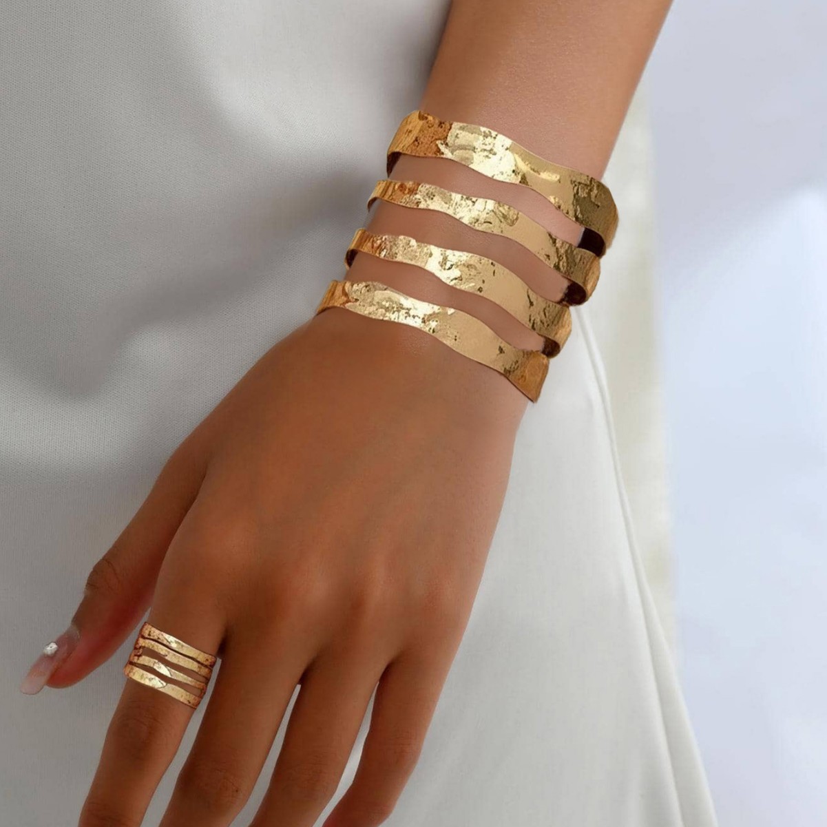 European and American Cross-Border Supply Multi-Layered Wave Bracelet Ring Set Opening Adjustable Commuting Versatile Holiday Jewelry for Women