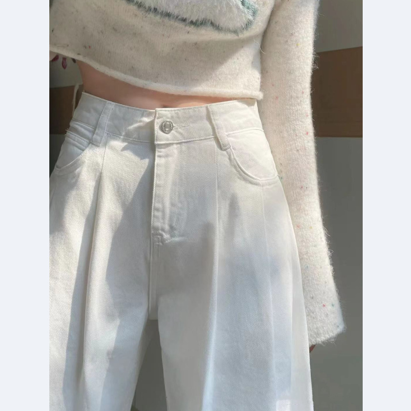 White Design Sense Pleated Loose Straight Jeans Women's Autumn New High Waist Slimming All-match Wide Leg Pants