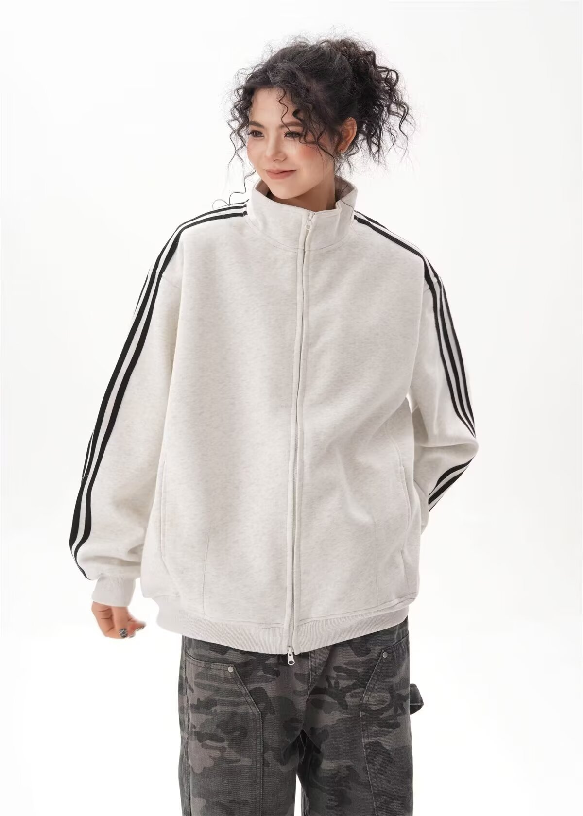 Picture of American-style Sports Casual Striped Zipper Sweatshirt Coat Women's Spring and Autumn Korean-style Baseball Suit Cool and Sruff Top Trendy
