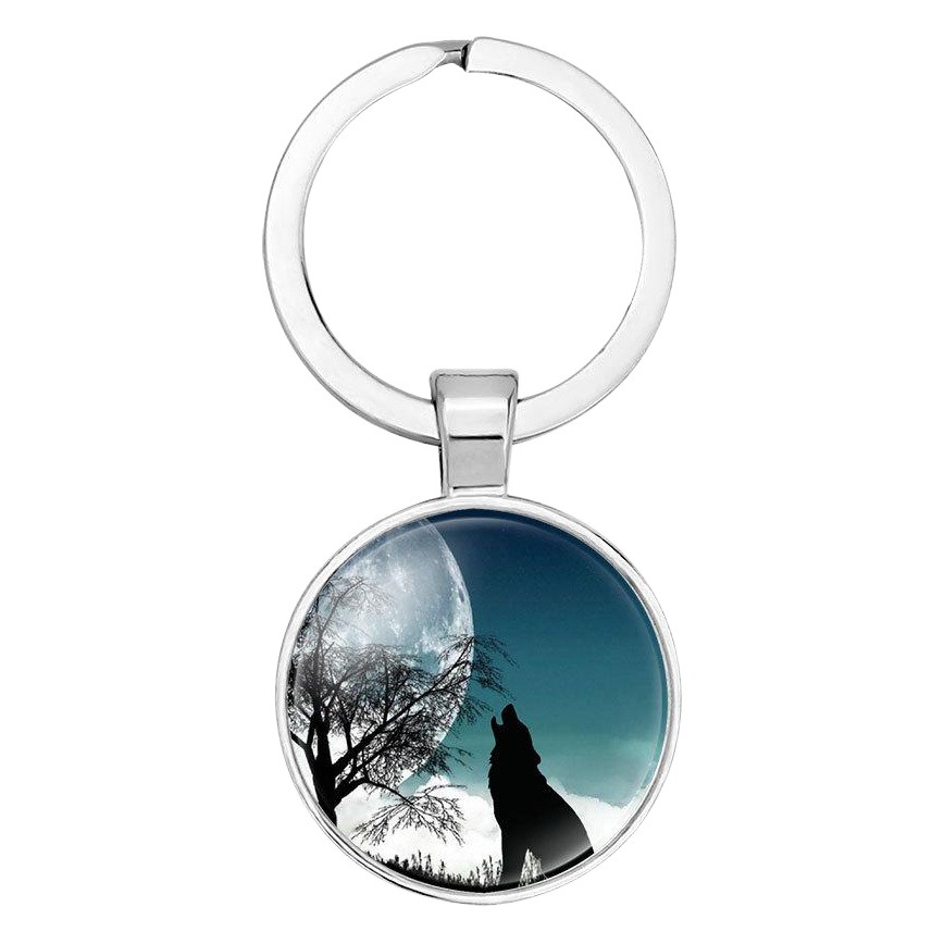 European and American Hot Selling Jewelry Pendant Wolf Totem Starry Sky Moon Tree Wolf Howling Time Gem Glass Keychain Ring