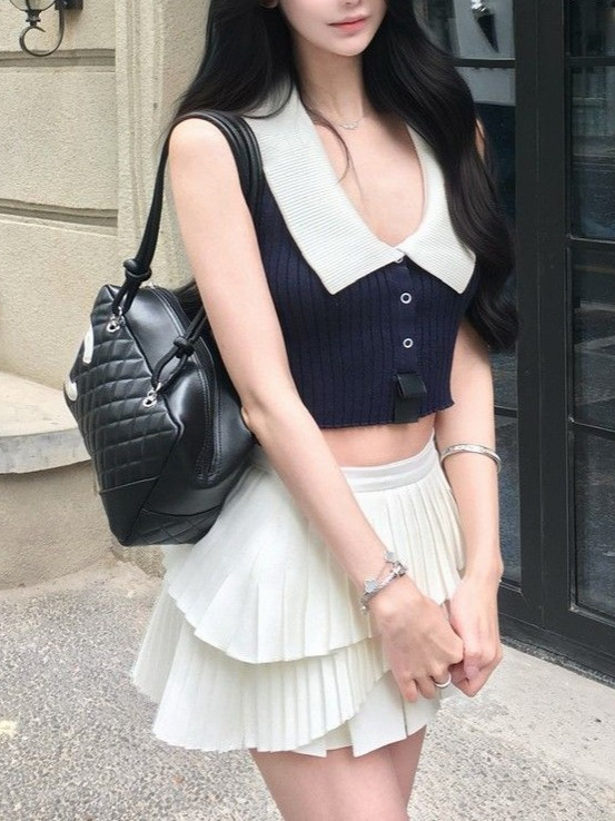 College Style Lapel Knitted Camisole Women's Summer Pure Lust Sexy V-Neck Sleeveless Tube Top Unique and Beautiful