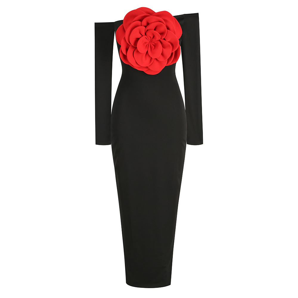 Picture of Cross-border Sexy Strapless Banquet Evening Dress Long Dress Slim-fit Backless Fashionable Short-sleeved Decorative Flower dress