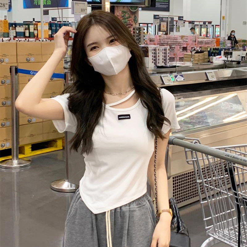 Irregular Design Short-Sleeved T-Shirt for Women, Summer Korean Style 2025 New Hot Girl Style Pure Desire White Base Top
