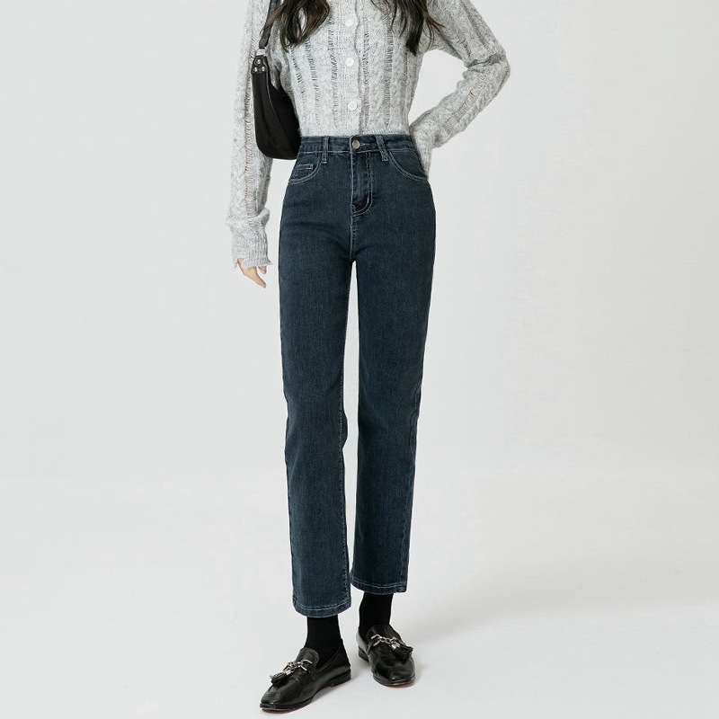 Picture of Black High Waist Short Straight Jeans Women's New Autumn and Winter Slim Look Tall Slim Fit Stretch Cropped Smoke Tube Pants