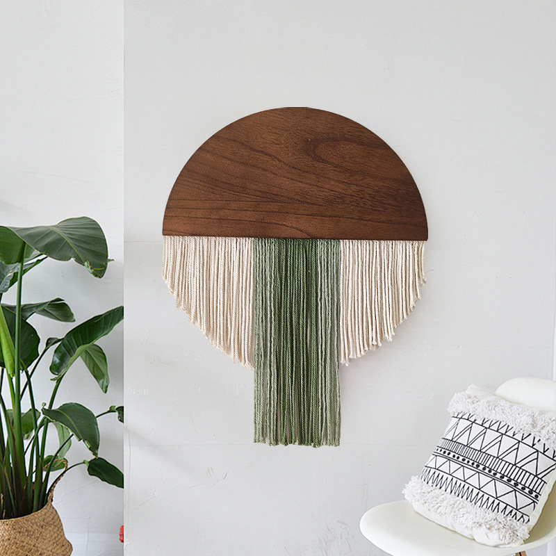 Picture of Bohemian Style Semicircular Wooden Board Tassel Tapestry B&B Cotton Tapestry Background Handmade Wall Hanging Woven Tapestry