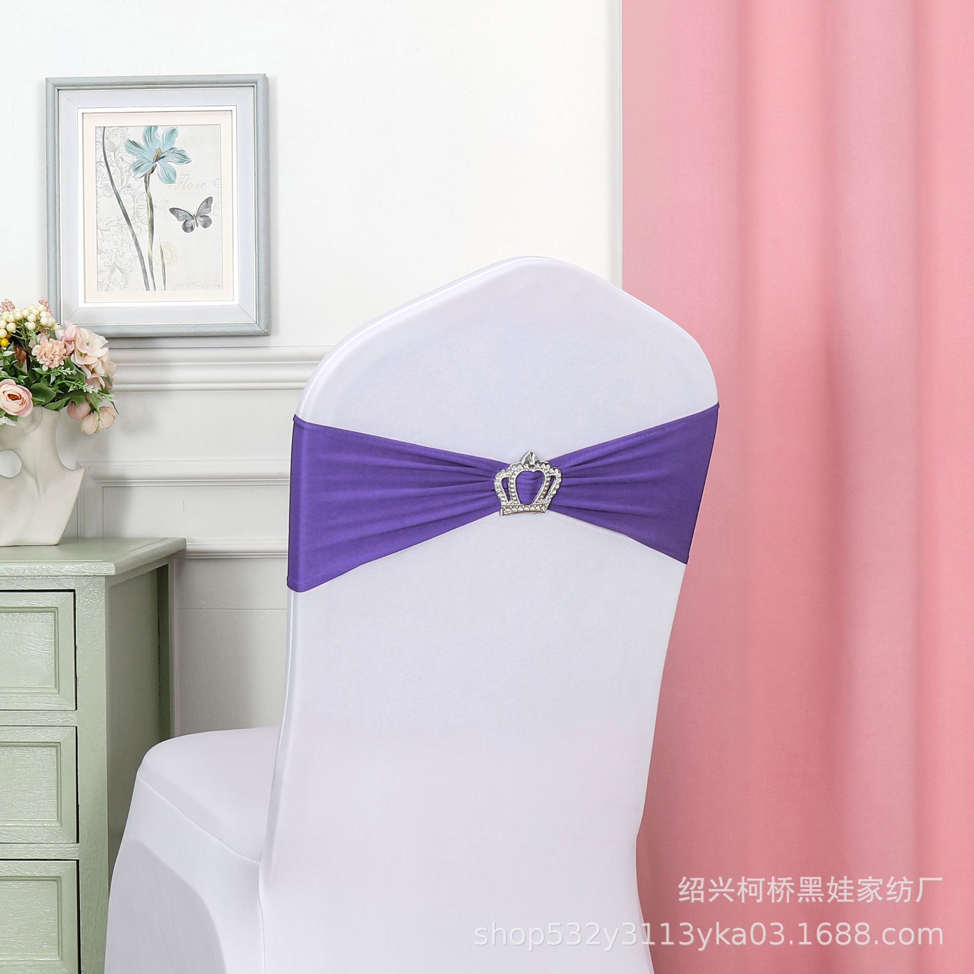 Picture of Chair Back Flower Bow Crown Diamond Buckle Elastic Banquet Chair Set Decoration Free Wedding Strap Ribbon Wedding Ribbon
