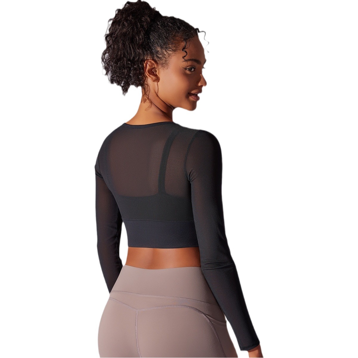 Cross-border sexy mesh yoga clothes long sleeve with chest pad running quick-drying sports bra integrated Cup fitness clothes top
