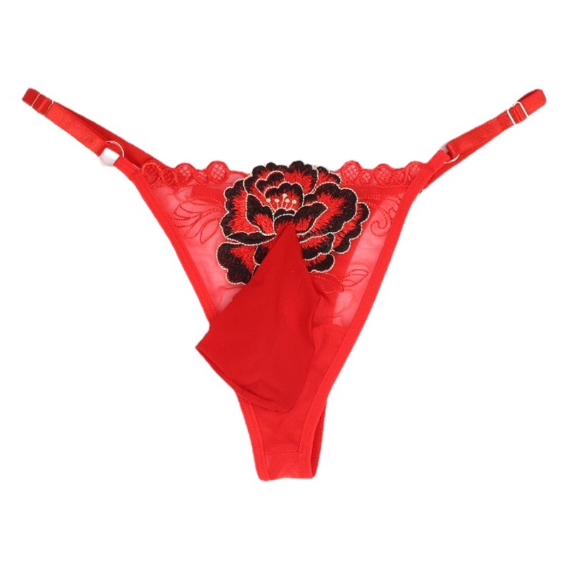 Japanese-Style Embroidered Floral Men's Thong Mesh Jj Set, Sexy Low-Rise Adjustable Plus-Size Breathable Quick-Dry Underwear