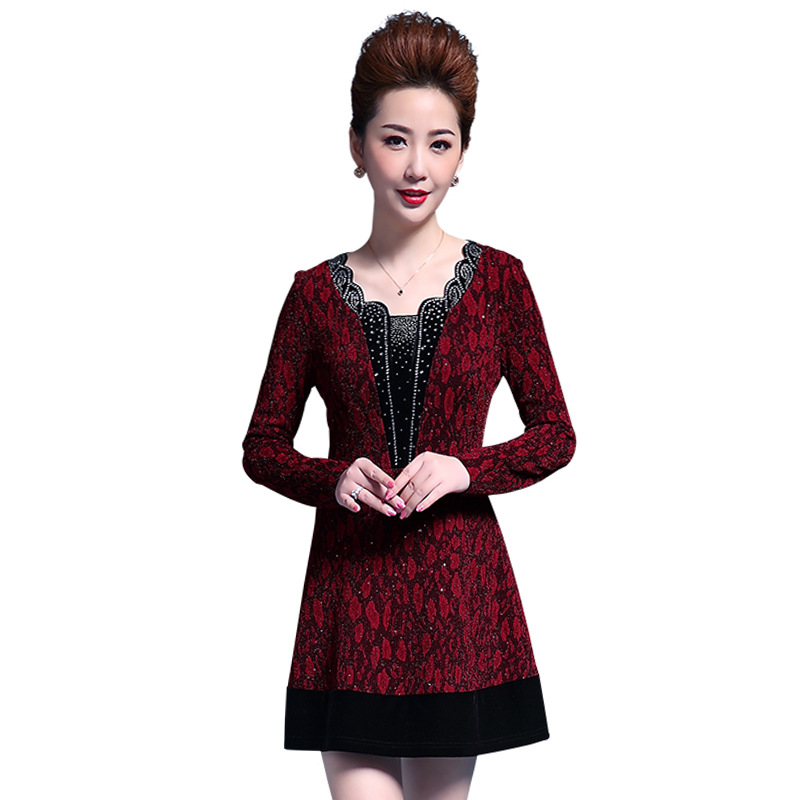 Picture of Chen Miaoyan middle-aged and elderly women's dress long velvet stitching long sleeve Korean plus size base skirt wholesale
