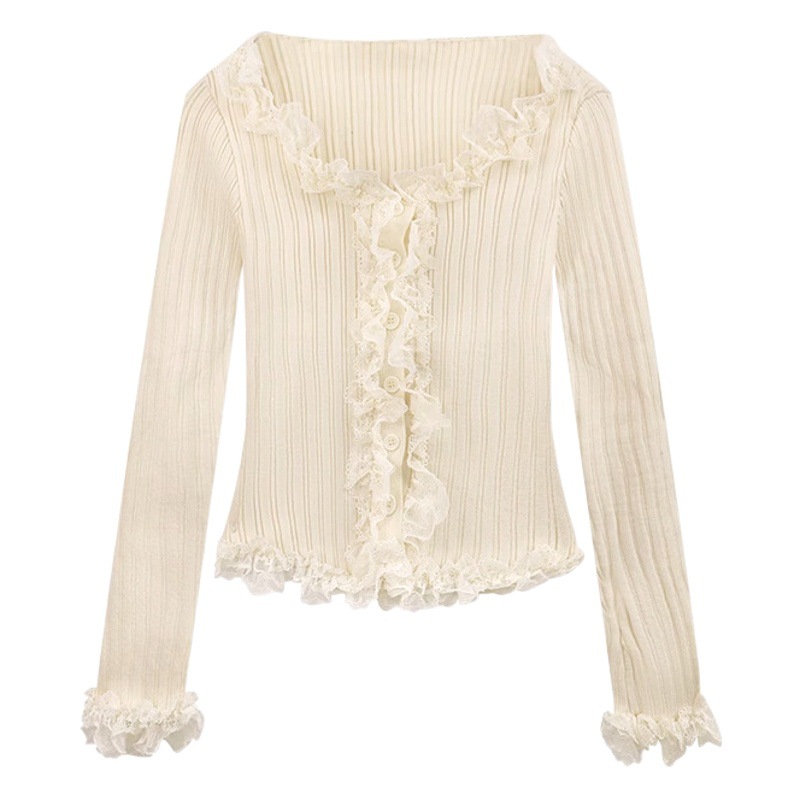 Lace wooden ear sweater women's autumn French style pure desire style bottoming shirt design short tight long sleeve top