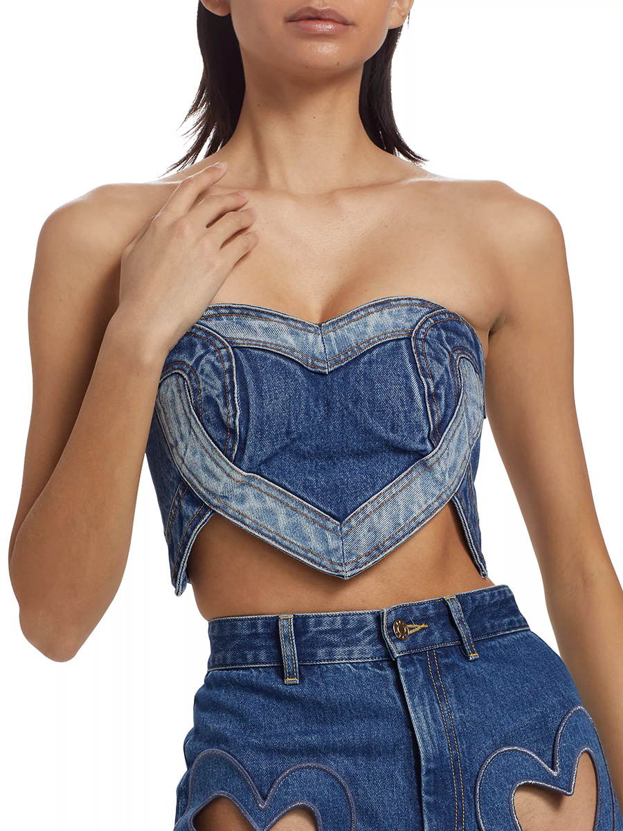 Fashionable and Sexy Denim Tops for Women 2025 Summer New Versatile Blue Heart Splicing High-End Tube Top for Women